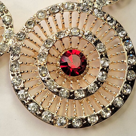 Three Ring Pendant Necklace, Crystal Pendant on a Gold Tone Long Necklace - Picture 6 of 10